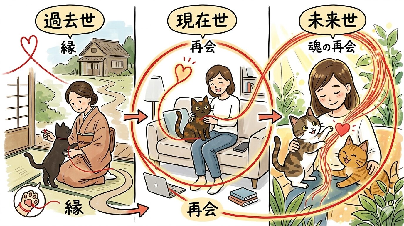 前世から続く猫と人の魂の縁を輪廻のイメージで表したグラフィックレコード