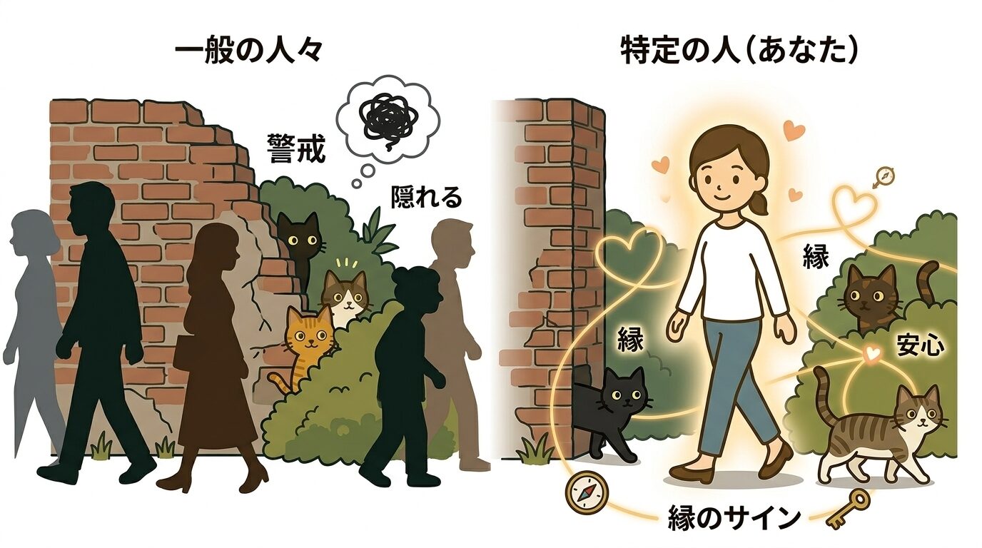 野良猫が特定の人にだけ姿を見せる縁のサインを描いたグラフィックレコード