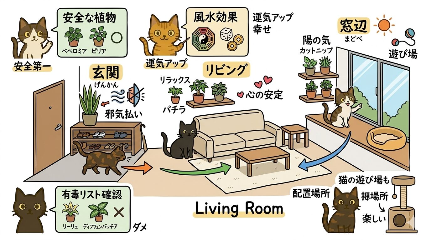 風水と猫の動線を意識した植物の配置イラスト