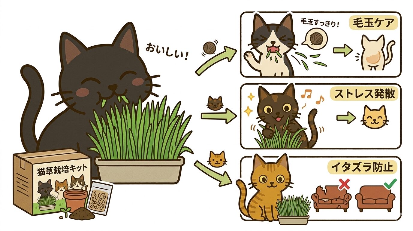 猫草を食べる猫のイラスト
