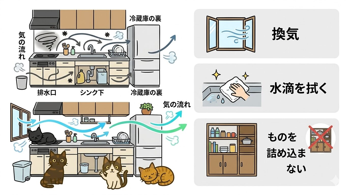 風水の視点でキッチンと水回りを整えるイラスト