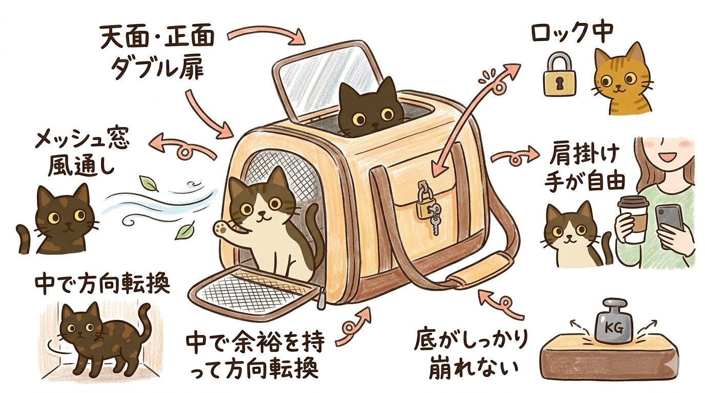 ダブル扉・メッシュ窓・肩掛けストラップなどキャリーの機能を示したイラスト