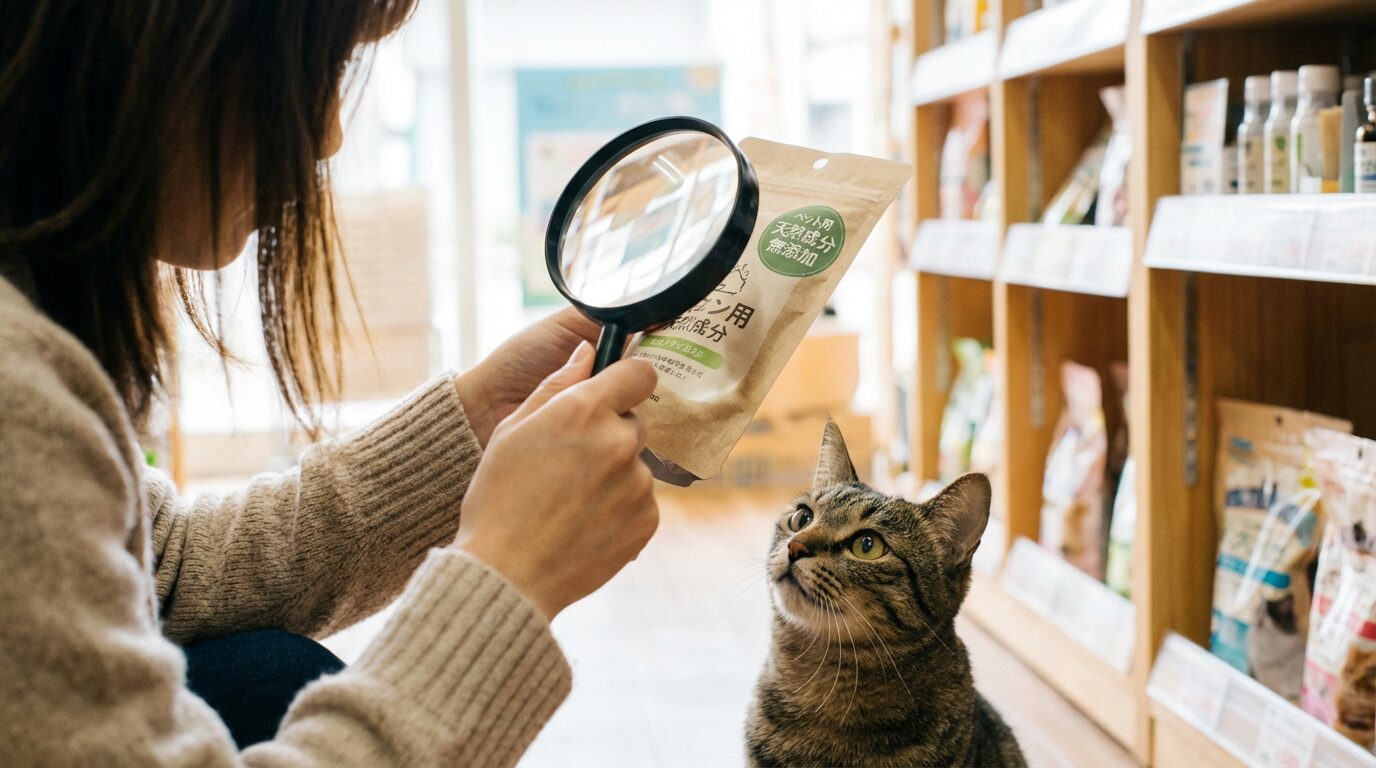 虫除け製品のパッケージ表示を猫と一緒に確認するイメージ