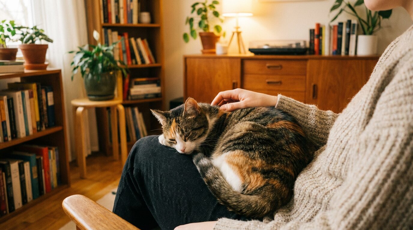 猫と飼い主が穏やかな日常の中で絆を深めるようすを表したイメージ写真