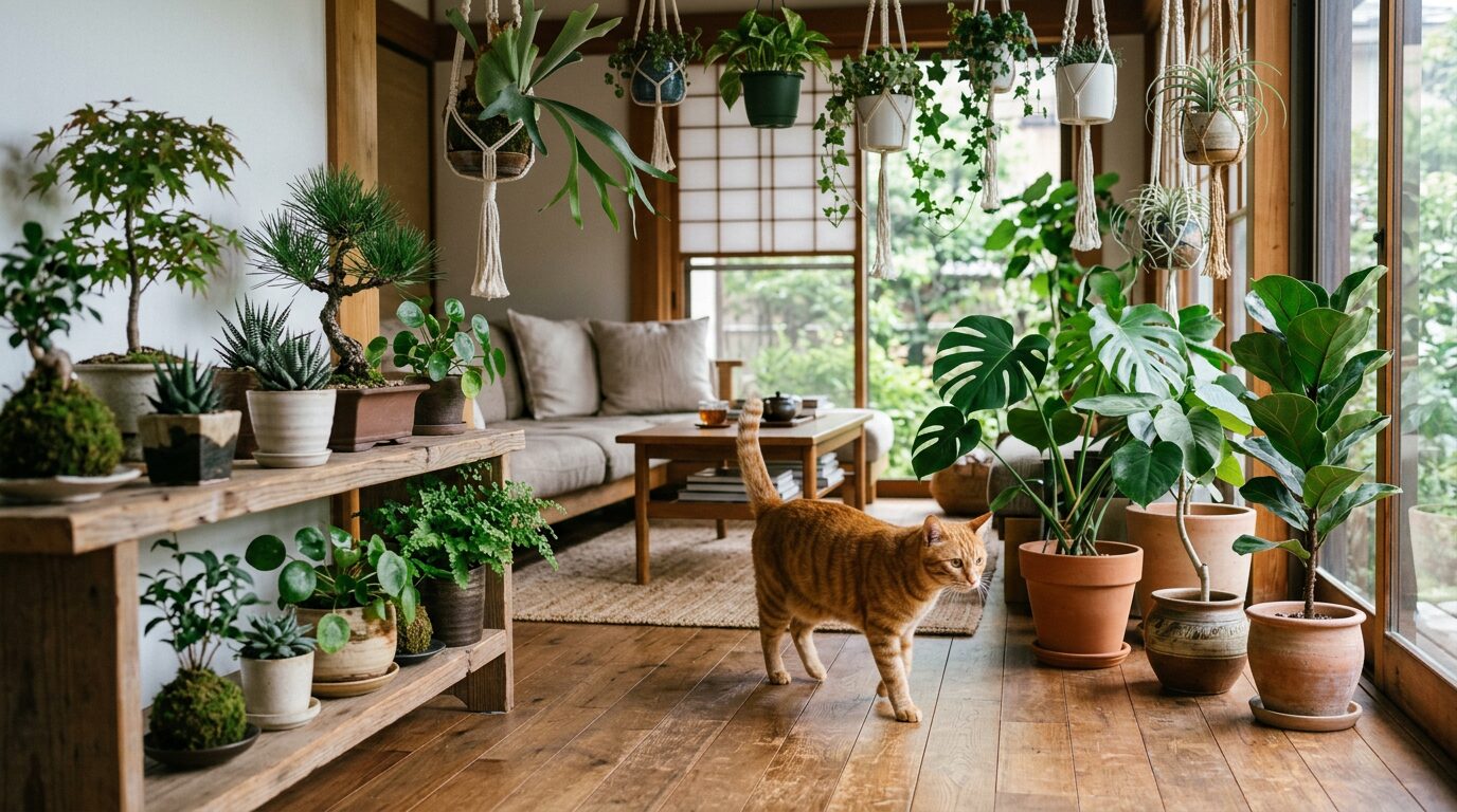 猫と観葉植物が調和した部屋のレイアウト