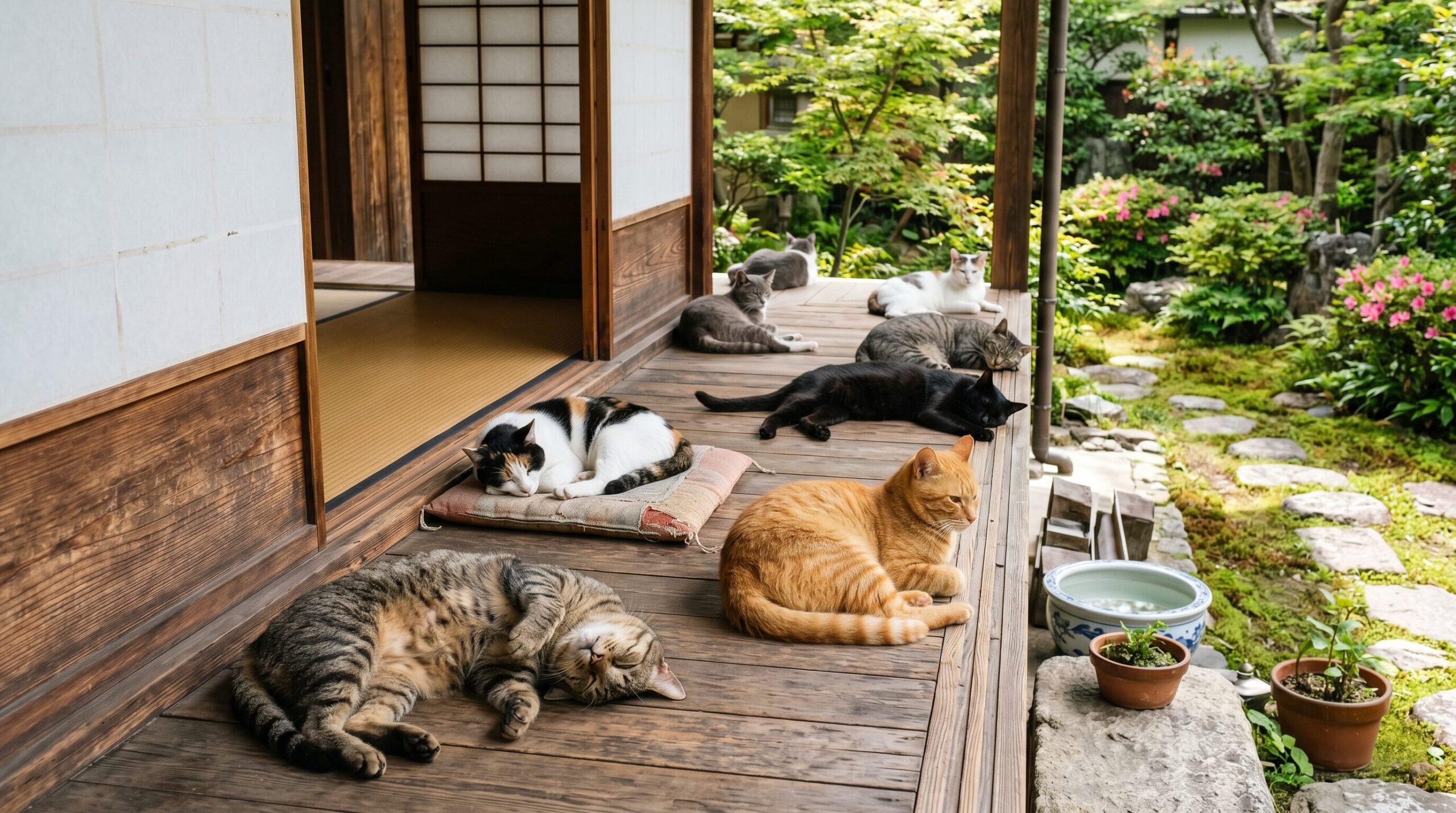 さまざまな柄の雑種猫たちが日本家屋の縁側でくつろいでいる風景