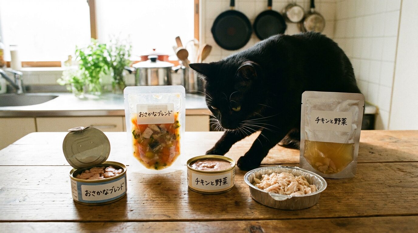 5種類のウェットフードが並んだテーブルと興味津々の黒猫