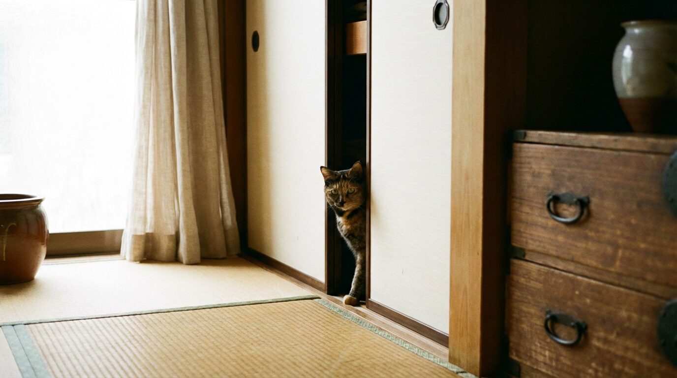 押し入れの隙間から静かに顔を出すサビ柄の成猫