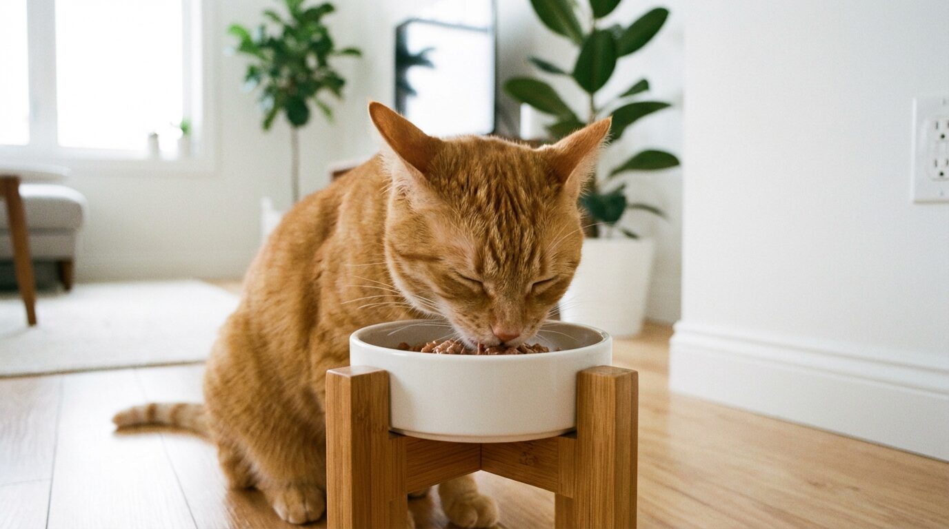 食器台の上で食事をする茶トラ猫