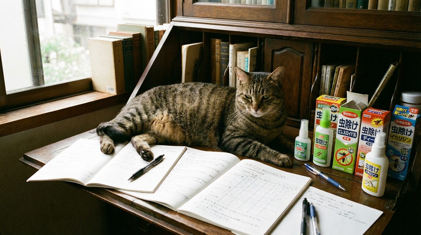 虫除け製品の成分表を確認するデスクと猫のいる室内イメージ