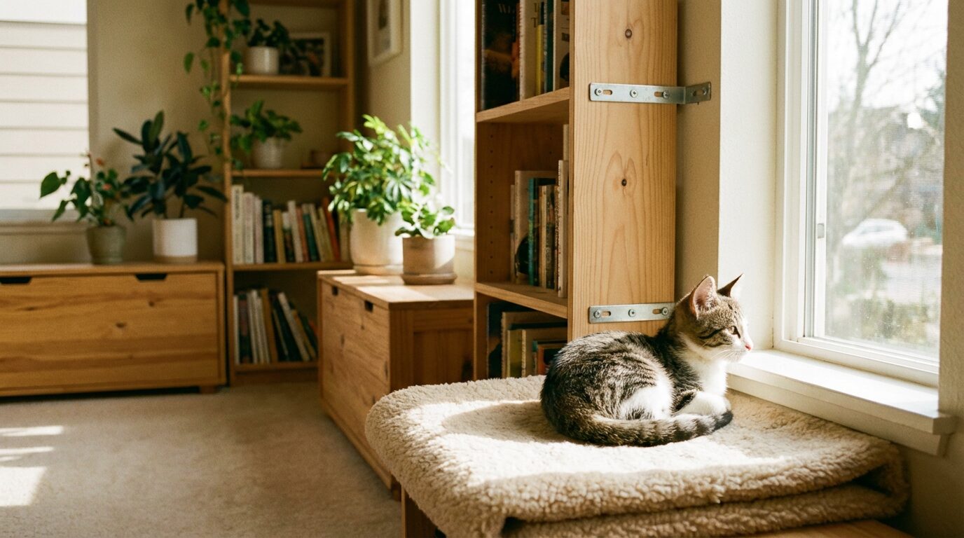 低い家具で整えられたリビングでくつろぐキジ白の子猫