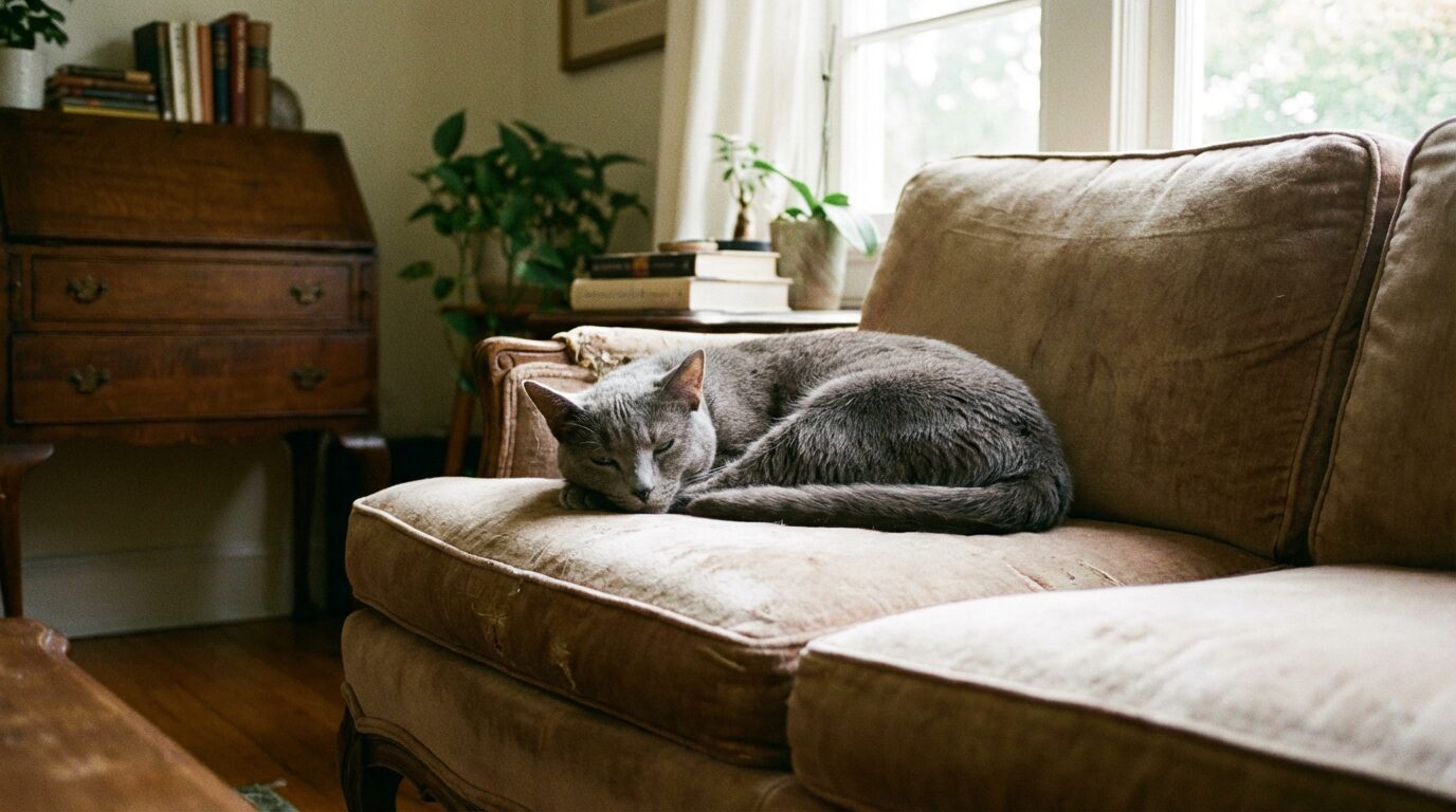 ソファの上で丸くなるロシアンブルー