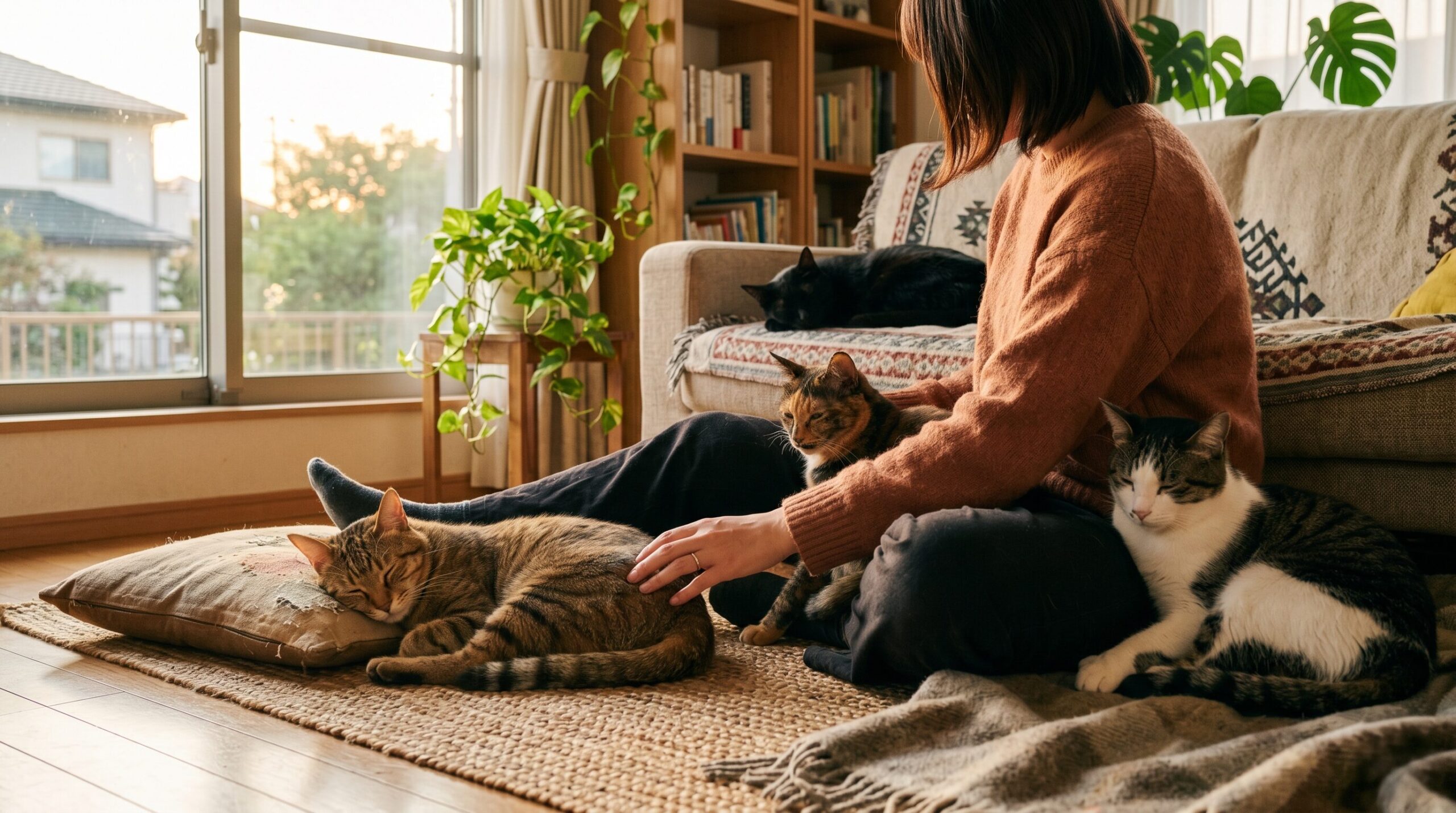 さまざまな柄の猫たちと飼い主が穏やかに過ごしている実写風写真
