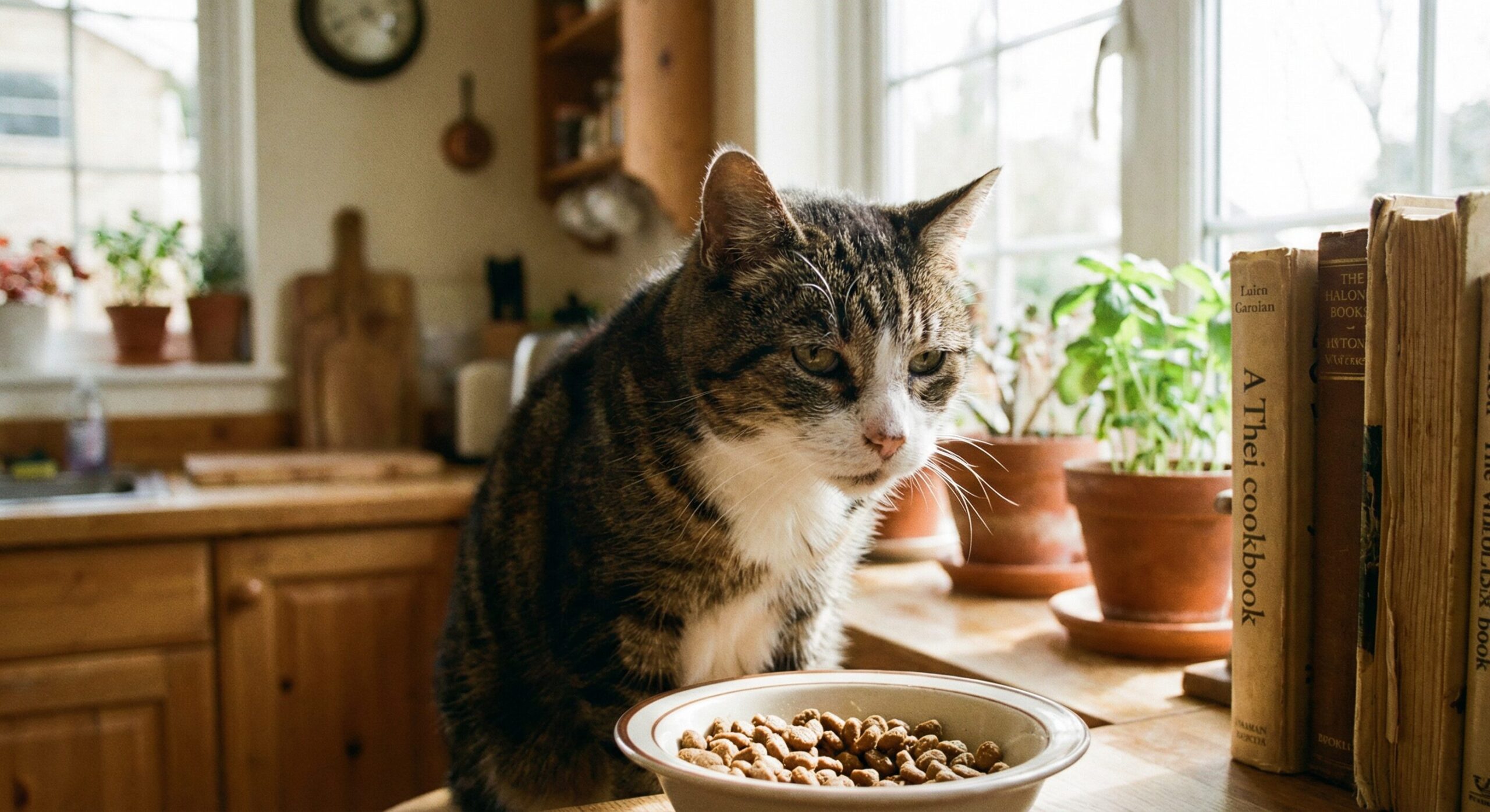 ドライフードを前にして考え込むような表情の高齢猫