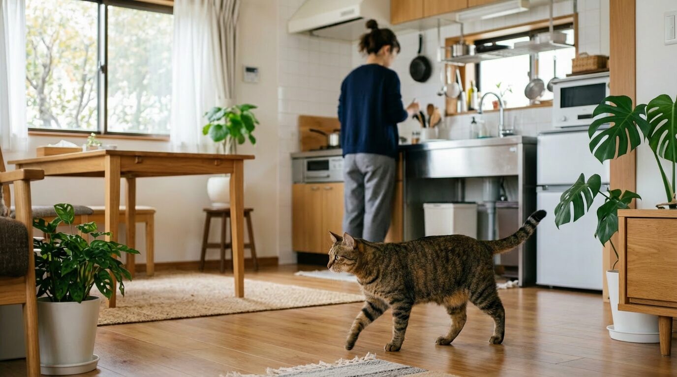 猫がいる部屋でゴキブリ対策を考える飼い主のイメージ