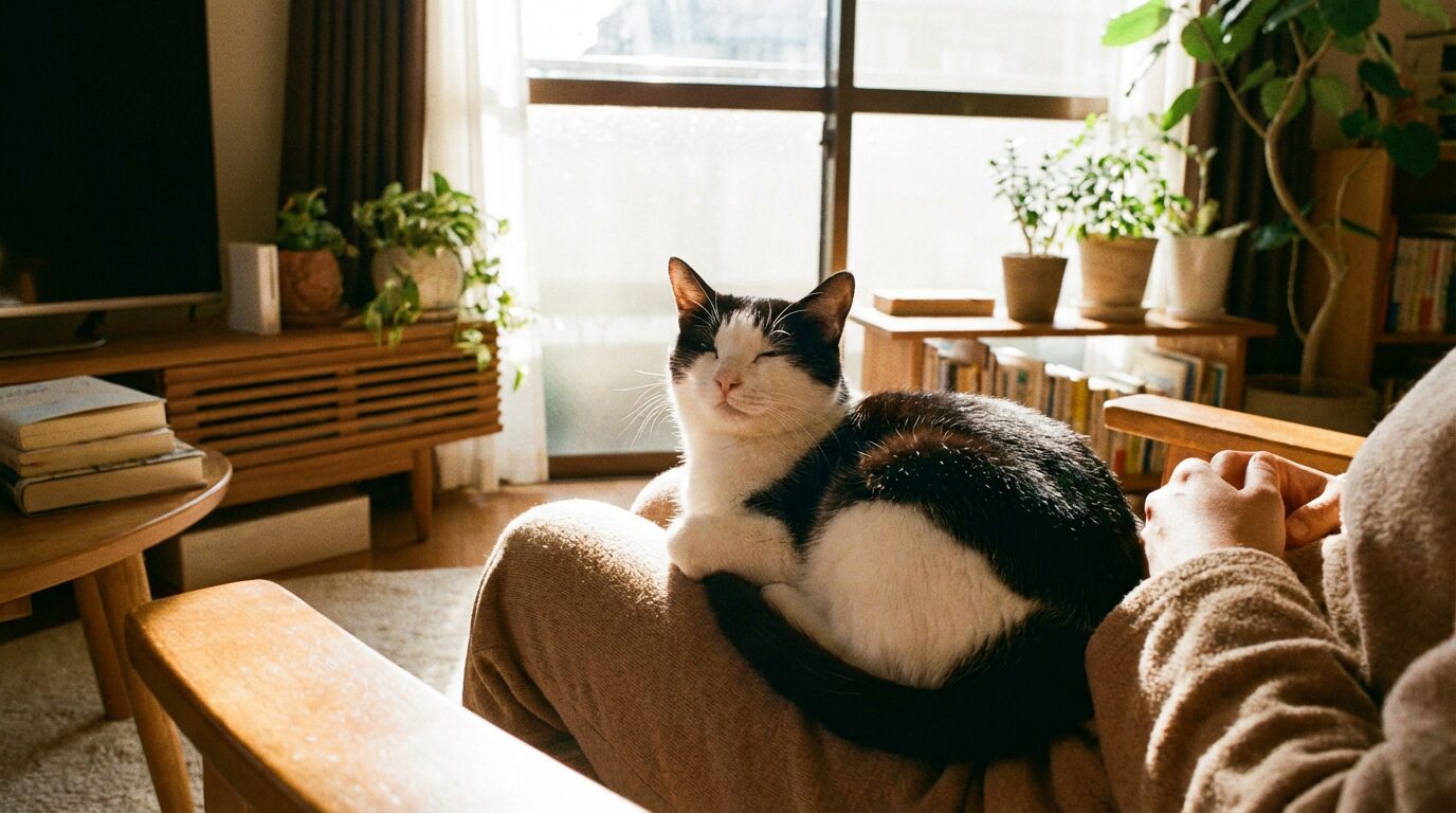 飼い主の膝の上でくつろぐハチワレ猫