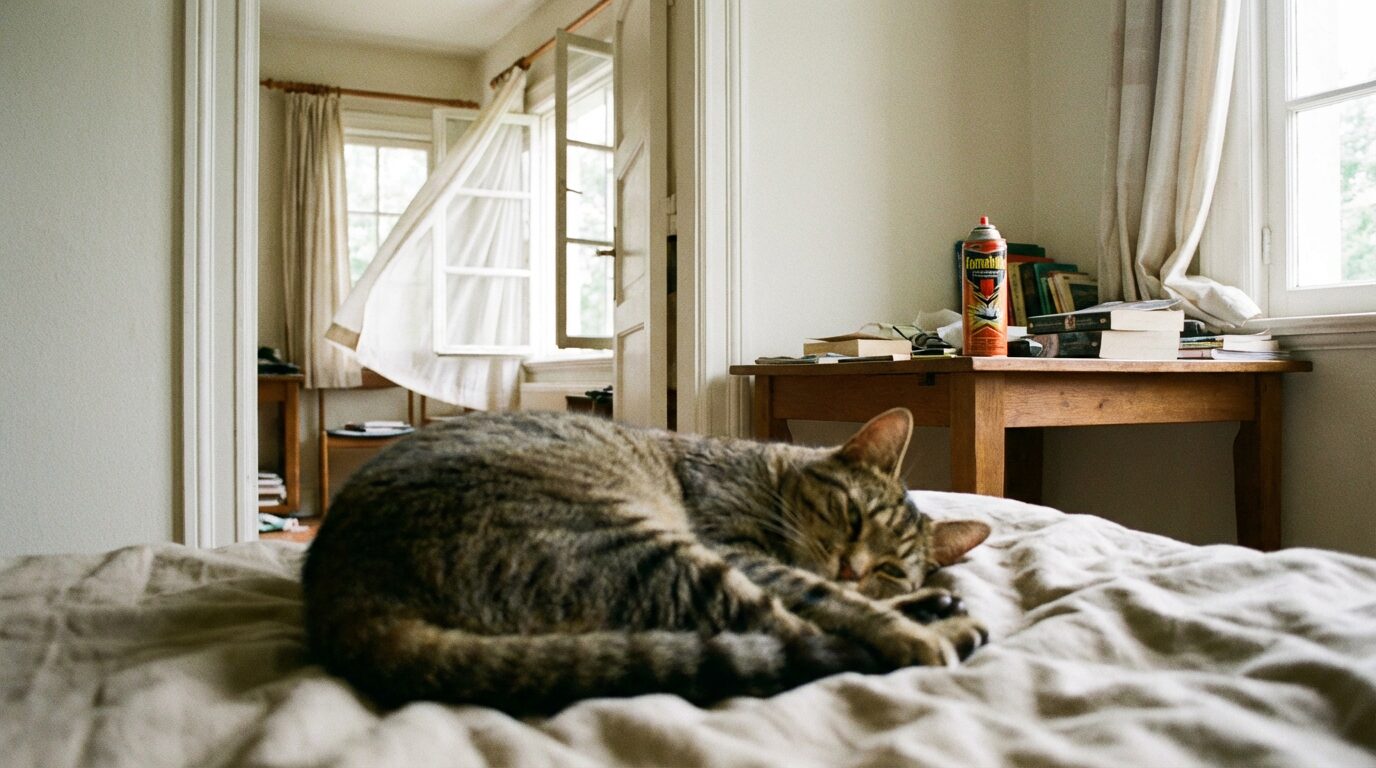 換気された部屋と別室で落ち着いている猫のイメージ