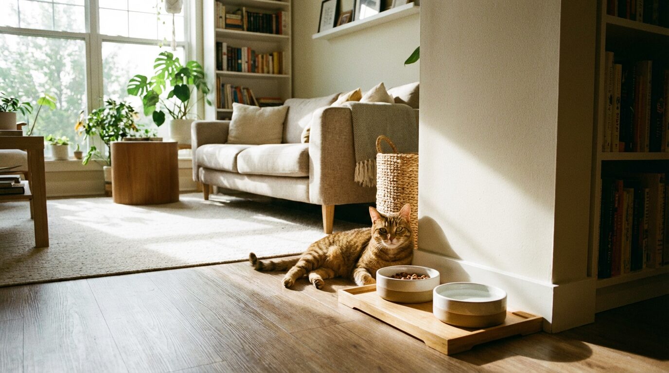 整った食事スペースでリラックスする茶トラ猫