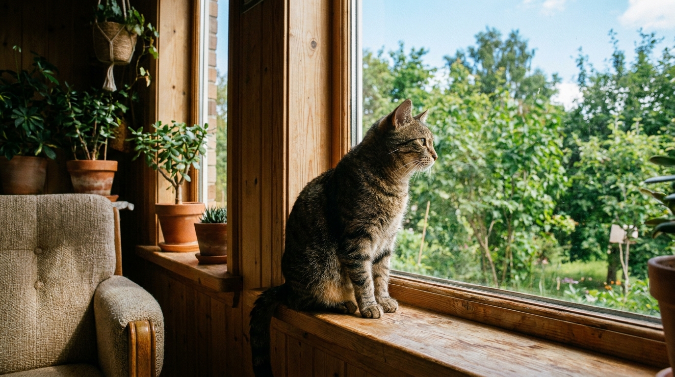 窓辺に座って外の景色を眺める猫