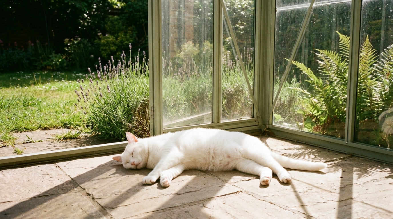ガラス囲いの中で日向ぼっこする猫