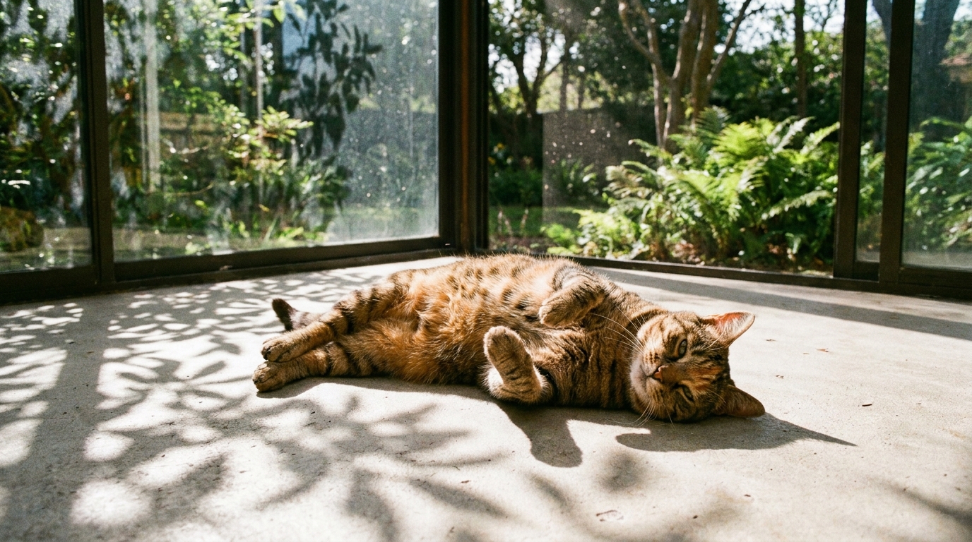 サンルームの床でくつろぐ猫と透明なガラス越しの緑