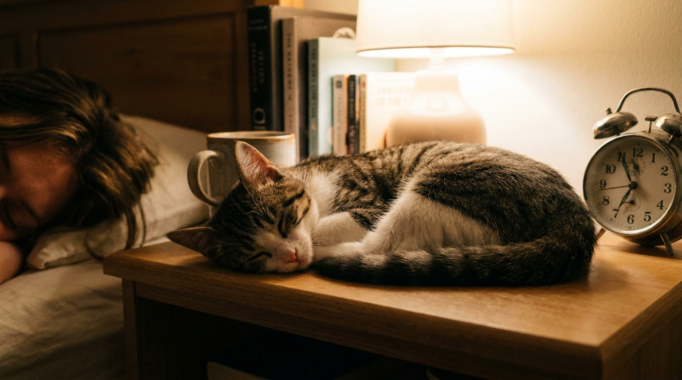 飼い主の枕元で安心して眠る子猫の写真