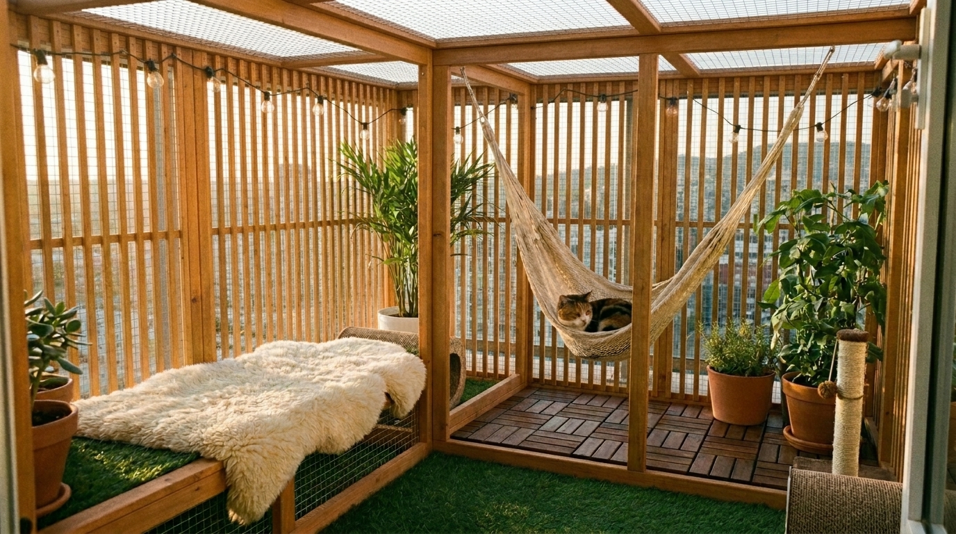 ベランダに作られた猫用ミニ外空間でくつろぐ猫