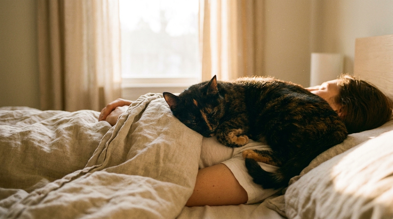 飼い主の胸の上で眠る黒サビ柄の猫の写真