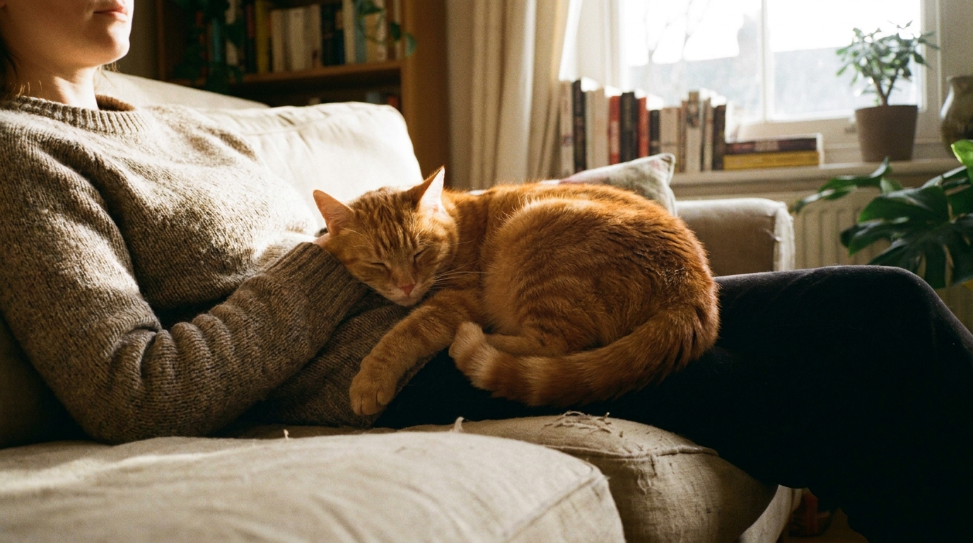 飼い主のお腹の上で眠る茶トラ猫の写真