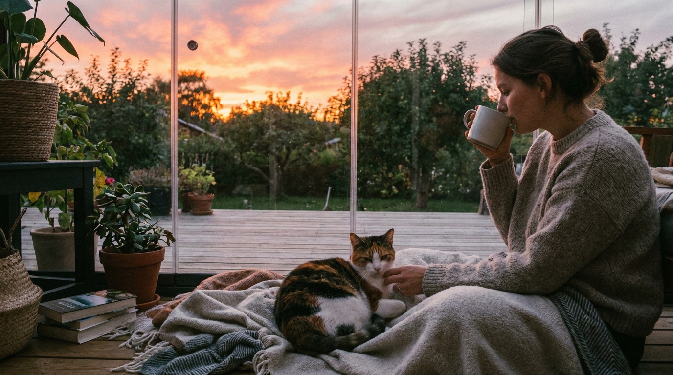 夕方の外空間で飼い主と一緒にくつろぐ猫