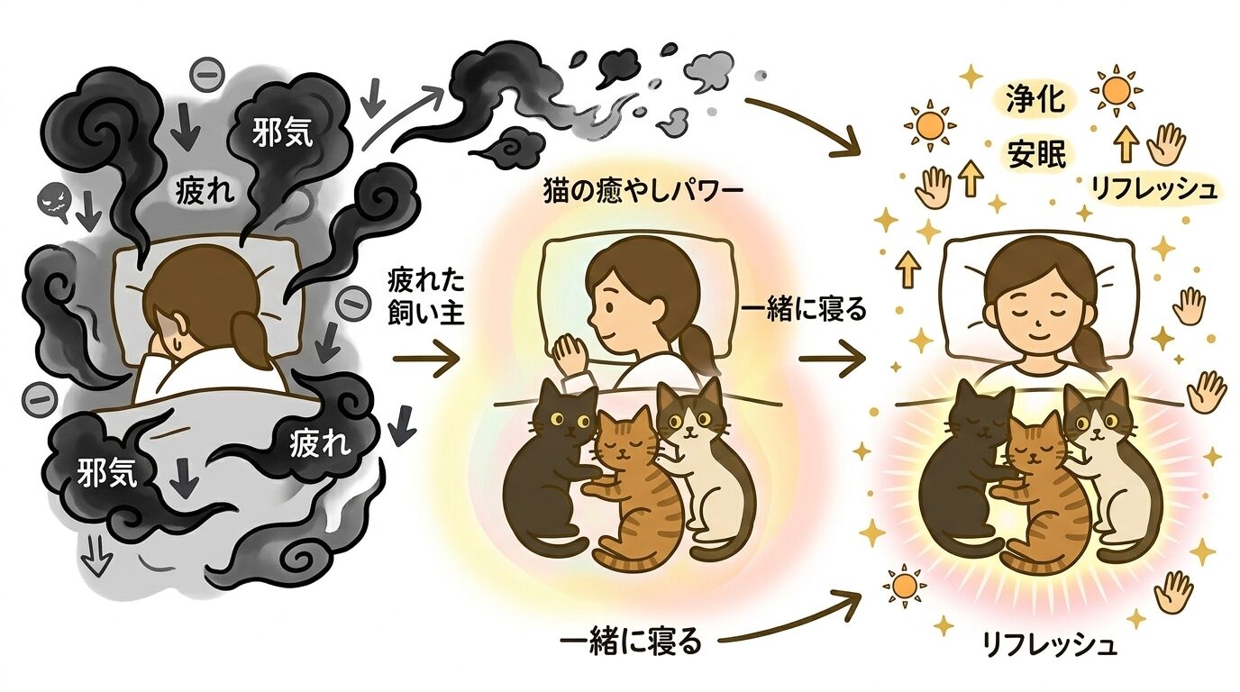 猫が飼い主のネガティブなエネルギーを浄化する様子を描いたイラスト