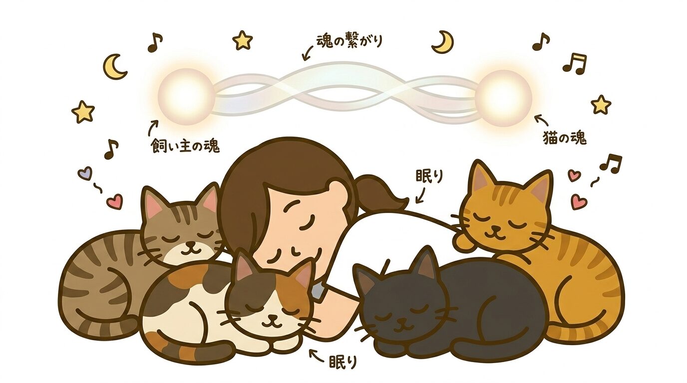 眠る飼い主と猫の魂が光で繋がっている様子のイラスト