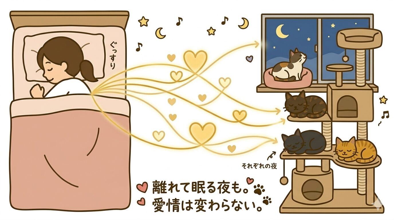 飼い主のそばに来なくても心が繋がっている猫のイラスト