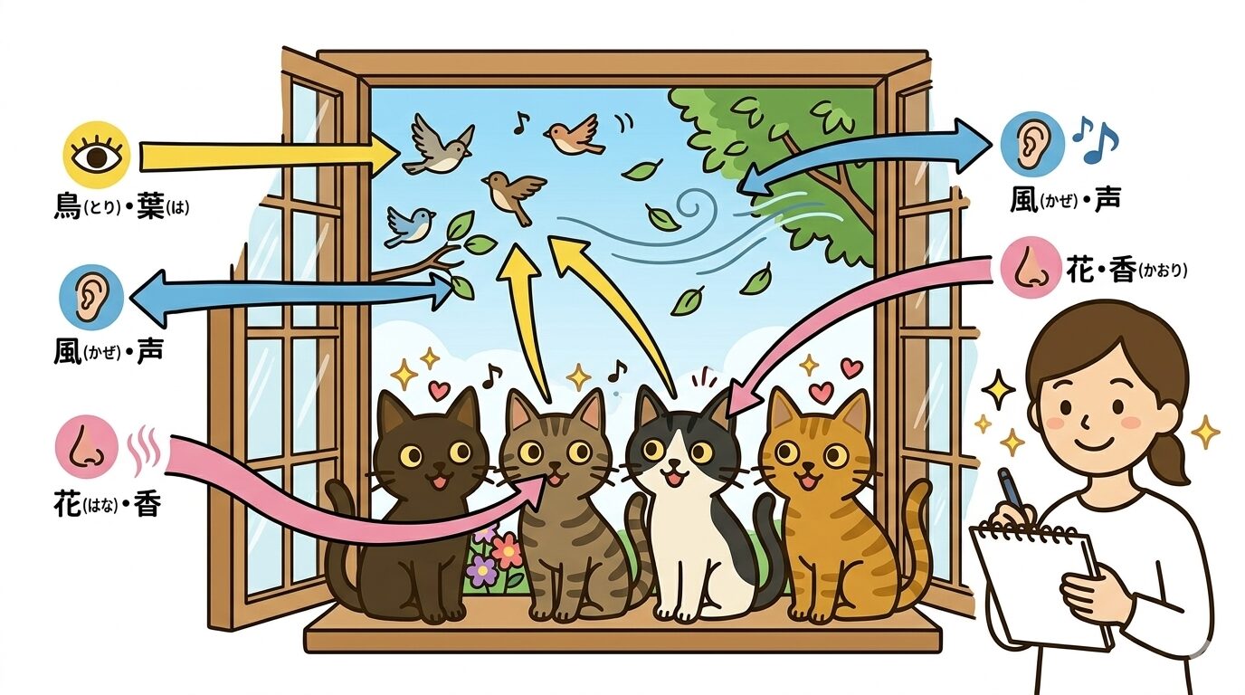 窓辺の猫が五感で外の情報をキャッチしている図解
