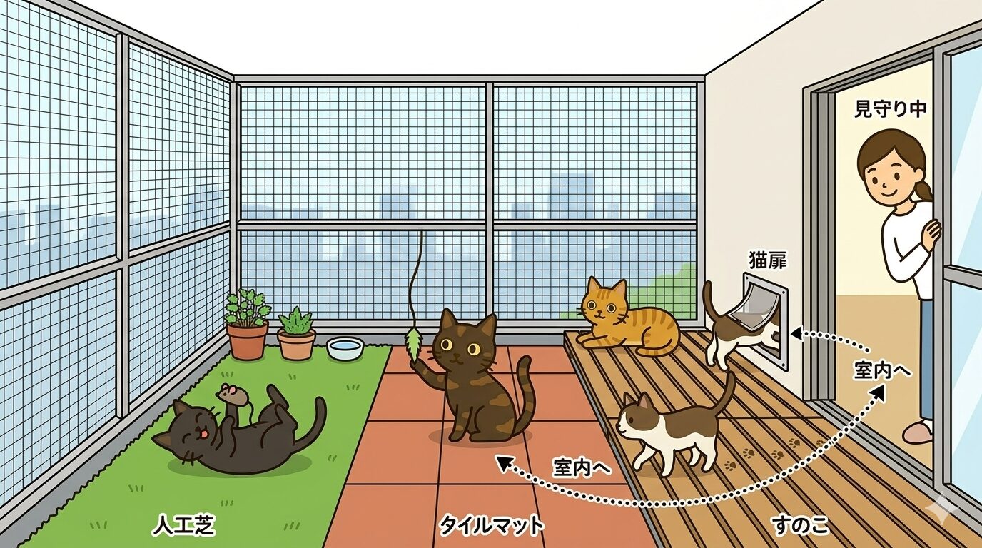ベランダに異なる床材と囲いで作った猫のミニ外空間の図解
