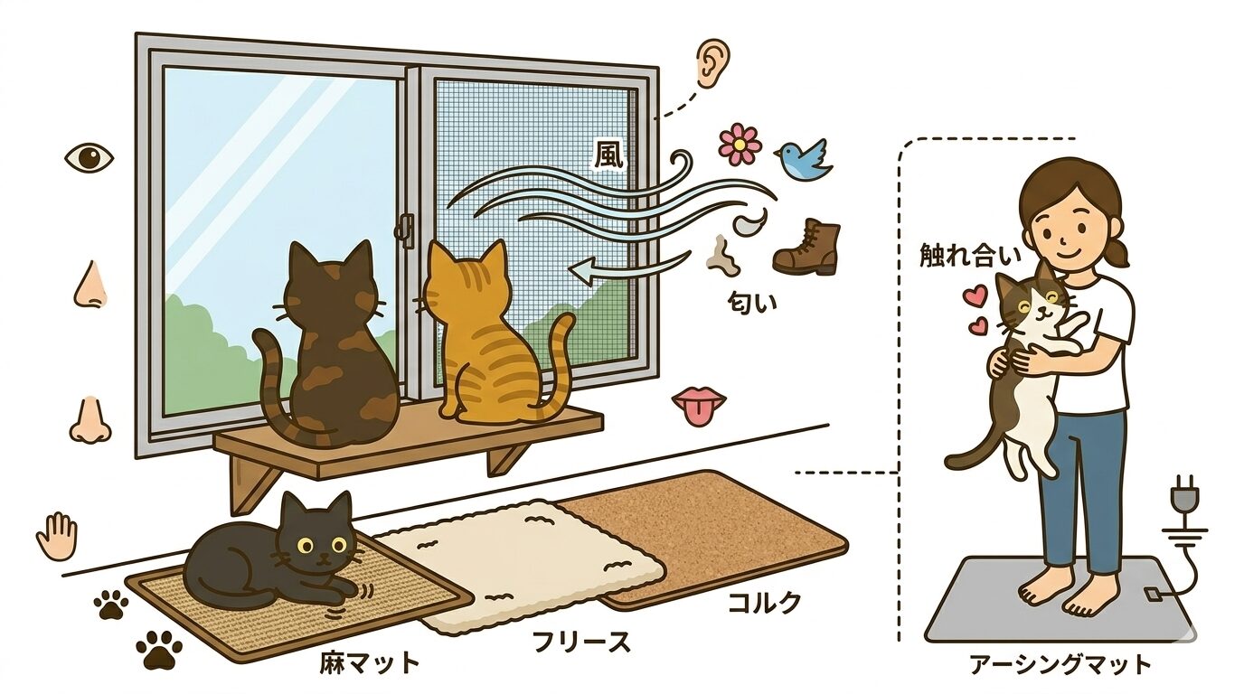 窓辺で五感の刺激を受ける猫とアーシングの工夫の図解