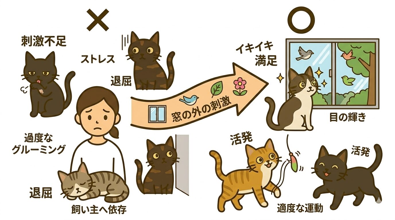 刺激不足の猫と外の刺激を受けてイキイキした猫の対比図解