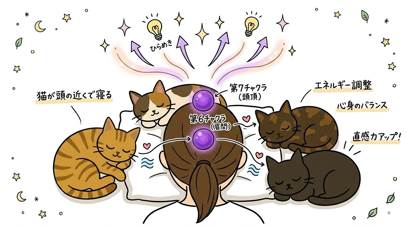 猫が枕元で寝ることで頭部のチャクラが整い直感力が高まるイラスト
