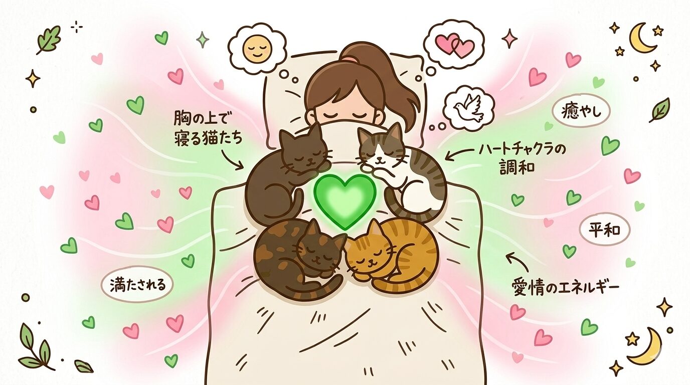 猫が胸の上で寝ることでハートチャクラが整う様子のイラスト