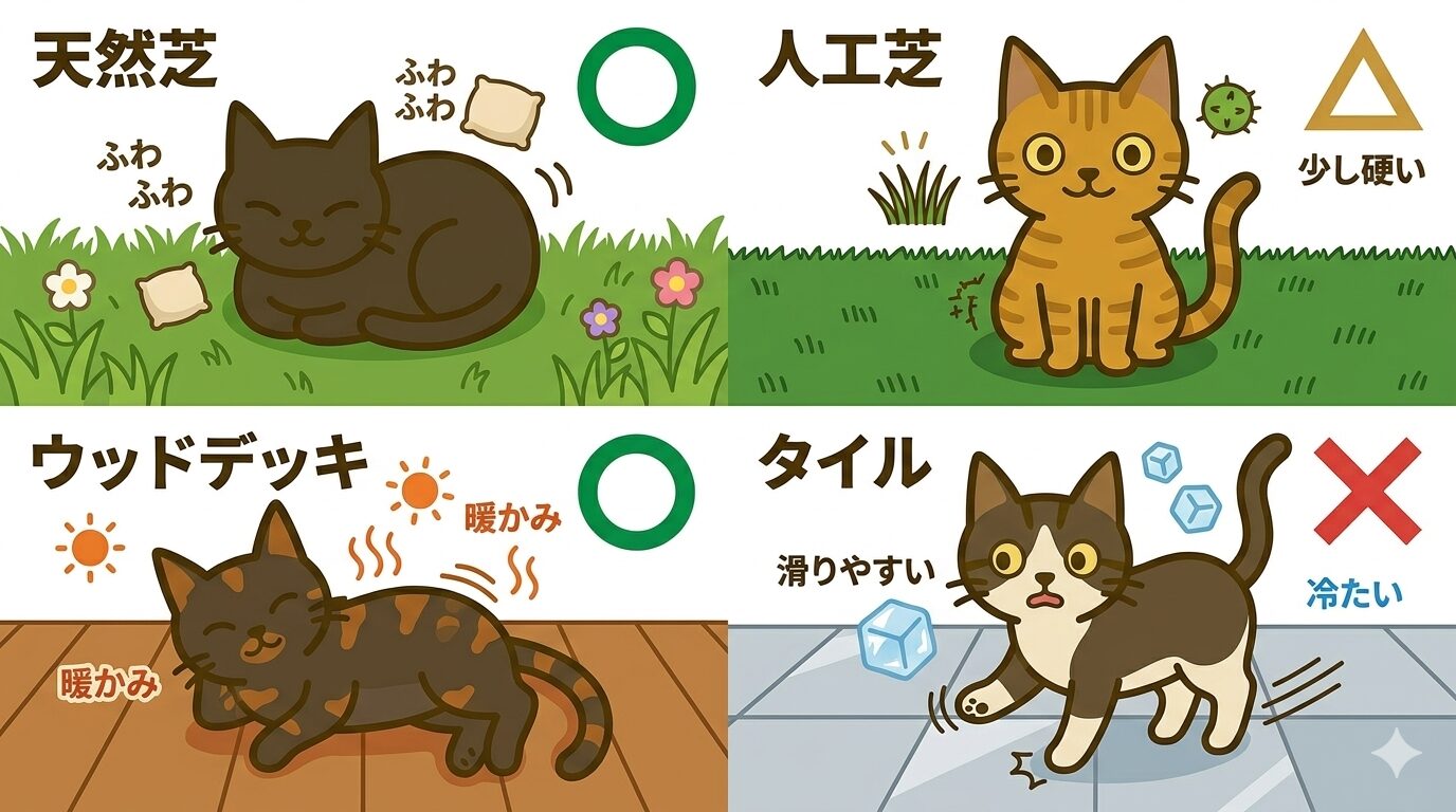 芝生・人工芝・ウッドデッキ・タイルの床材別に猫が過ごす様子の図解