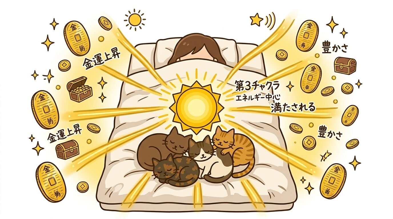 猫がお腹の上で寝ることでエネルギーの中心が整う様子のイラスト