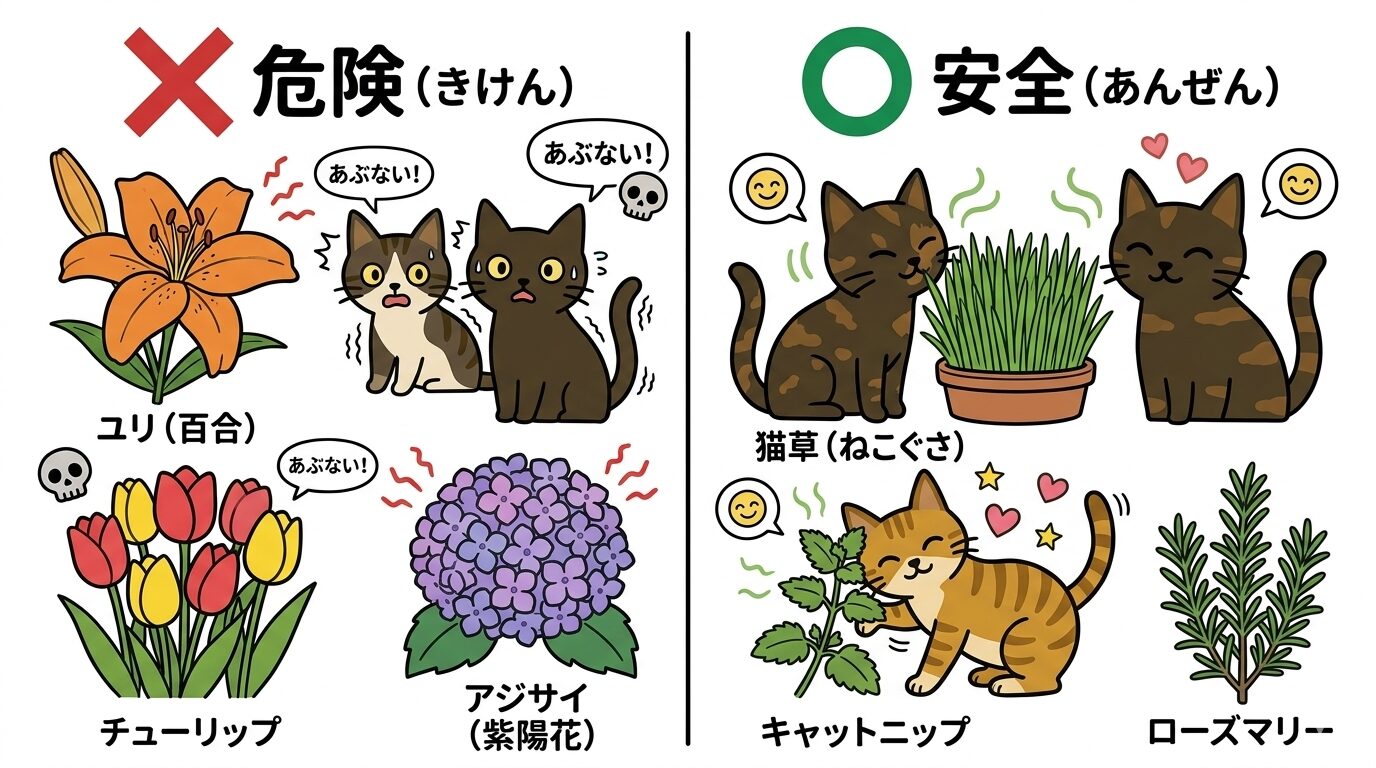 猫に危険な植物と安全な植物を対比した図解