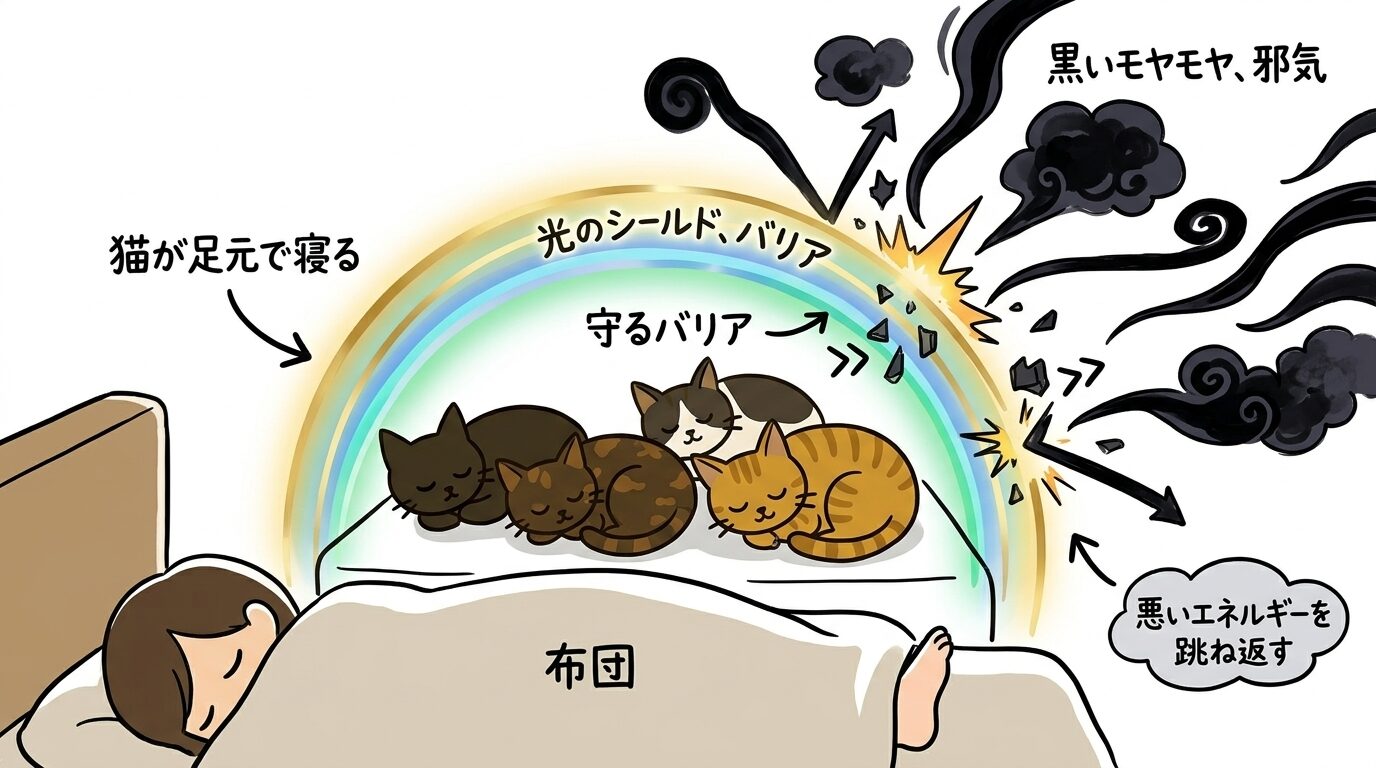 猫が足元で寝て飼い主の進む道を守る様子のイラスト