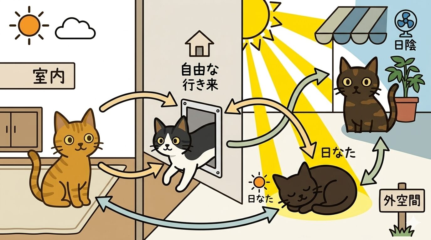 日なた・日陰・室内を猫が自由に行き来する動線の図解