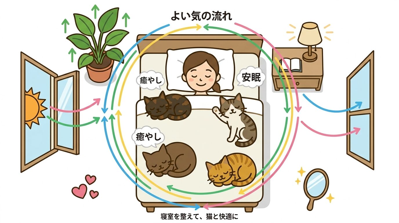 寝室の気の流れと猫の関係を示すイラスト