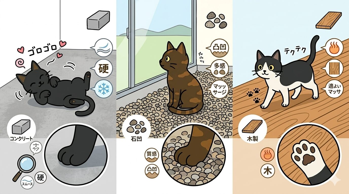 コンクリート・砂利・ウッドデッキで異なる過ごし方をする猫たちの図解
