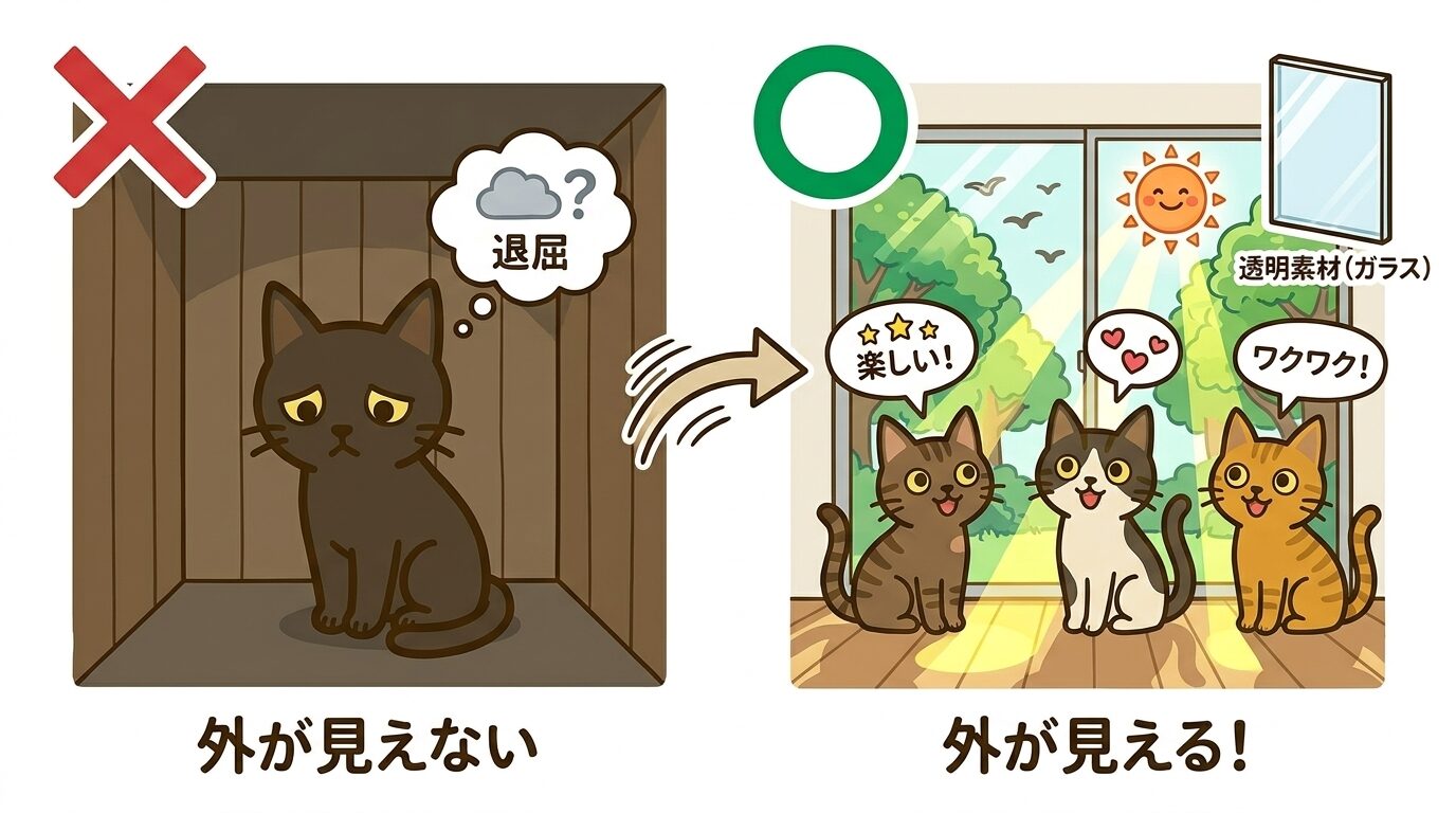 木の壁と透明素材で囲った空間の猫の反応を比較した図解