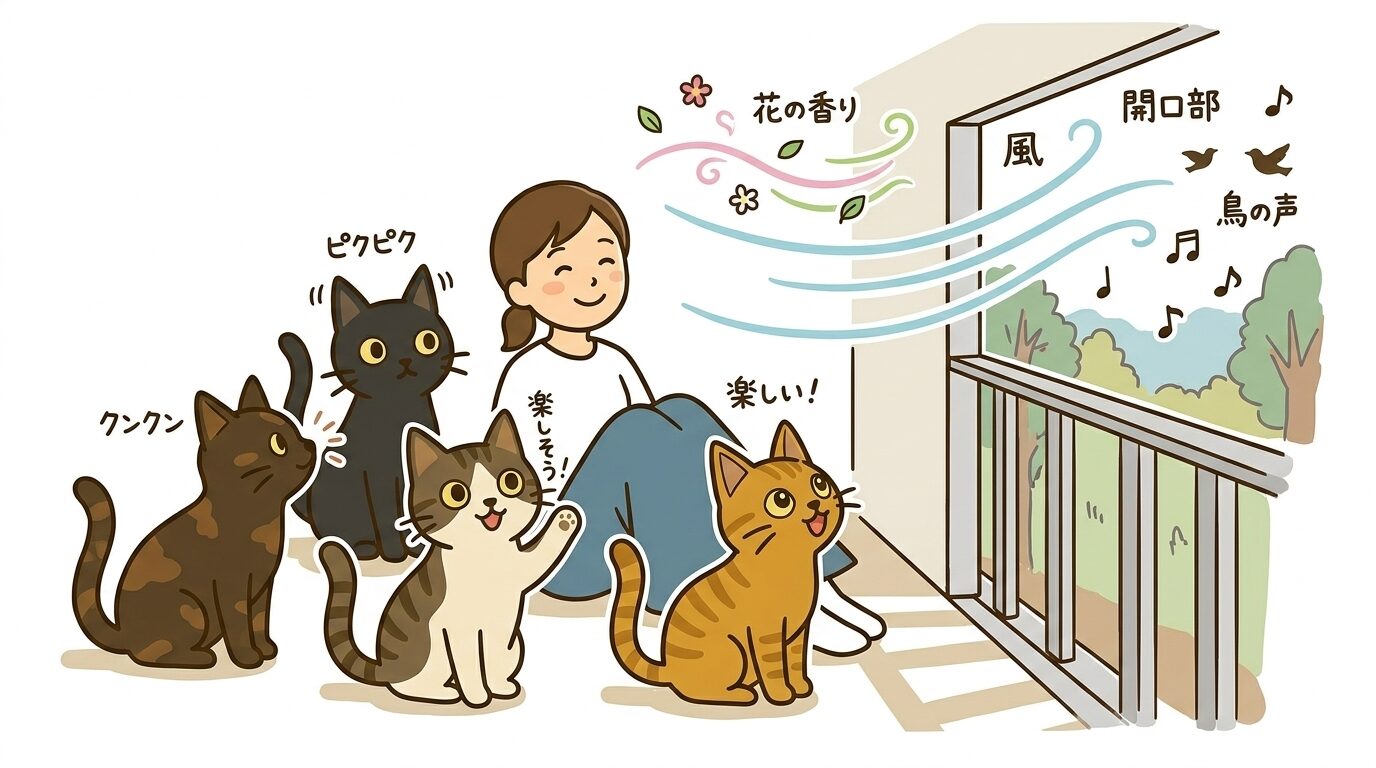閉じ切らない囲いから風や匂いを受け取る猫たちの図解