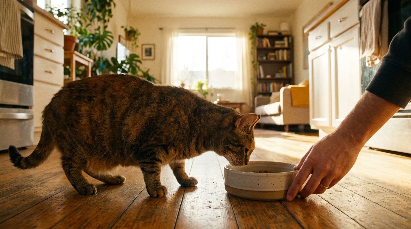 フードボウルの前でにおいを嗅ぐ猫