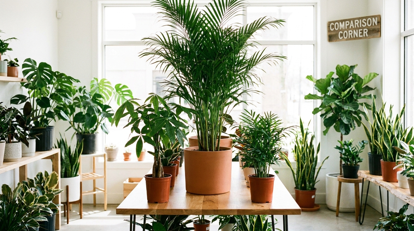アレカヤシと他の観葉植物が並ぶ明るい室内